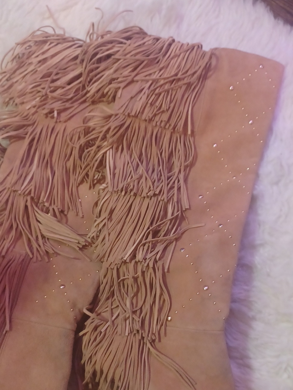 VINCE CAMUTO Fringed Knee-High Stiletto Boots in Peachy Tan 9 - Picture 2 of 9